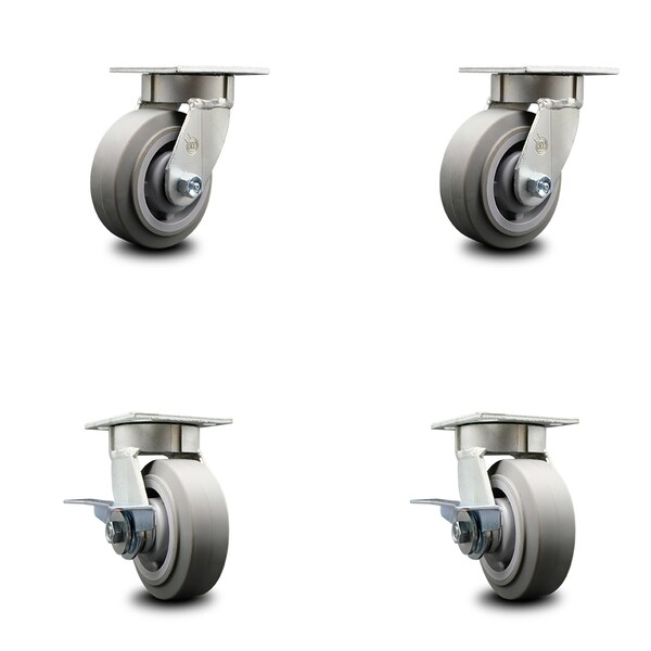 5 Inch Kingpinless Thermoplastic Rubber Wheel Swivel Caster Set with 2 Brakes